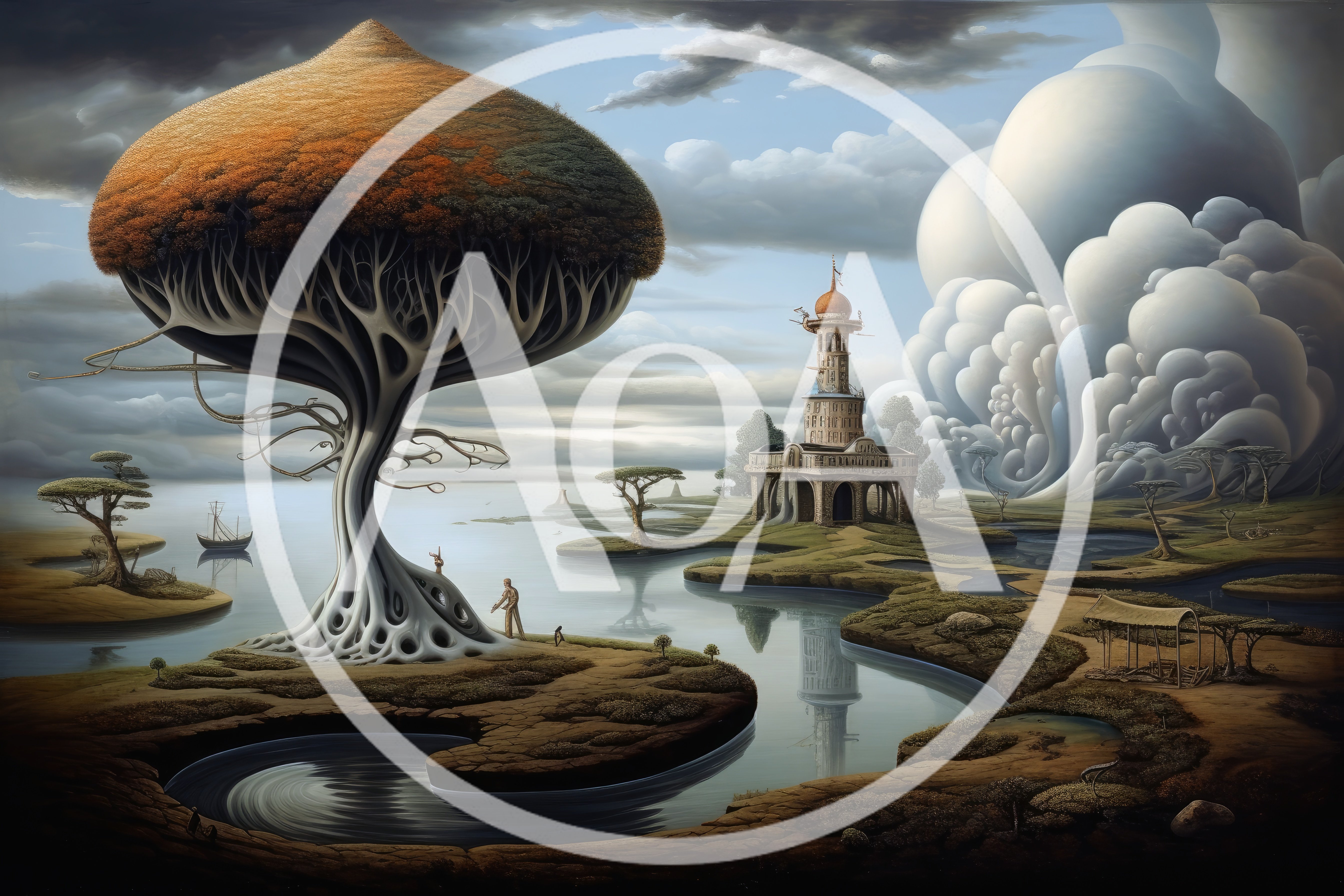 Surreal Landscape With Giant Mushroom Tree And Tower