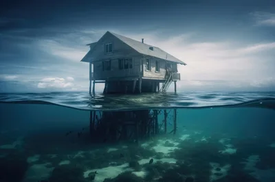 Stilt House Above And Below The Ocean Surface