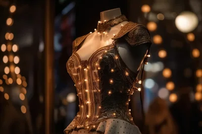 Mannequin Wearing Ornate Gold Corset With Fairy Lights