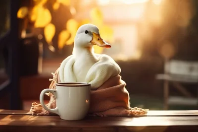 Cozy White Duck Wrapped In A Blanket With Coffee