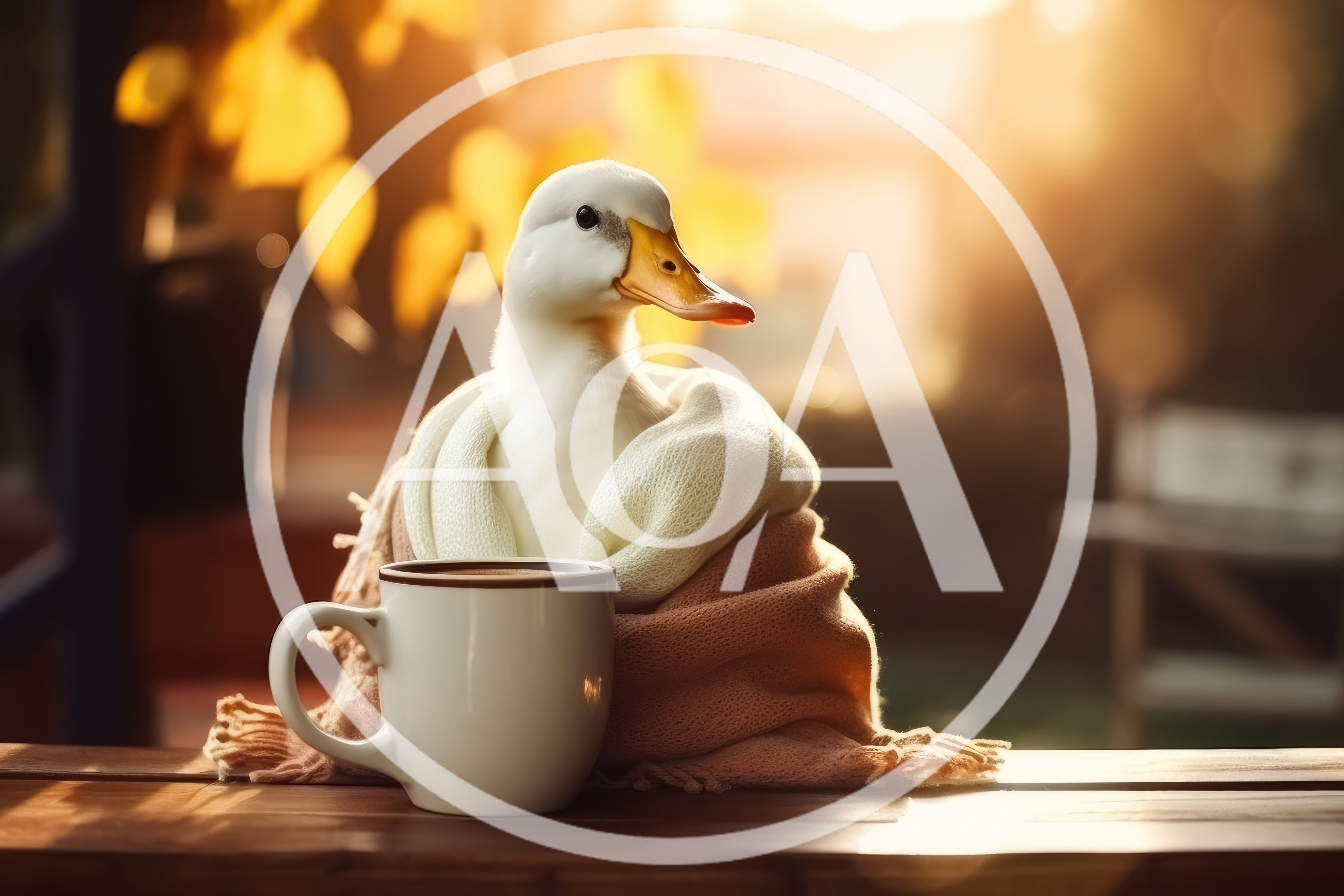 Cozy White Duck Wrapped In A Blanket With Coffee