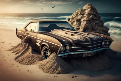 Vintage Muscle Car Stranded On A Sandy Beach