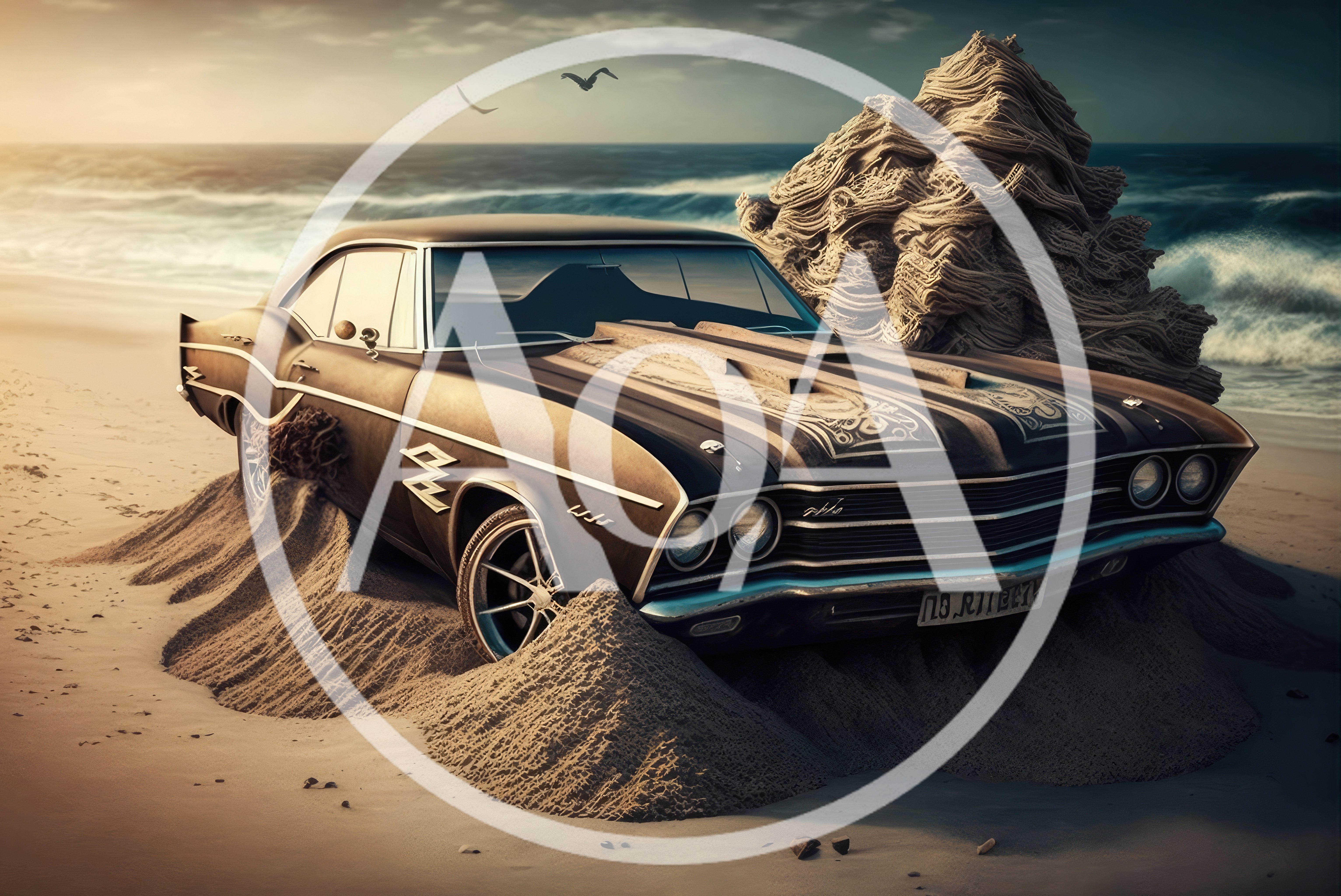 Vintage Muscle Car Stranded On A Sandy Beach