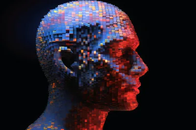 Digital Human Head Constructed From Glowing Cubes