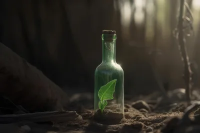 Small Green Plant Growing Inside A Glass Bottle