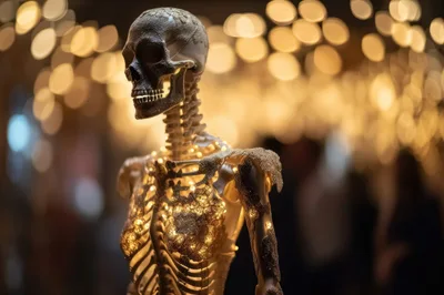 Glittering Skeleton Statue Decorated With Warm Fairy Lights
