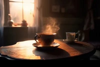 Steaming Cup Of Tea On A Wooden Table