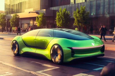 Futuristic Green Concept Car Driving On City Street