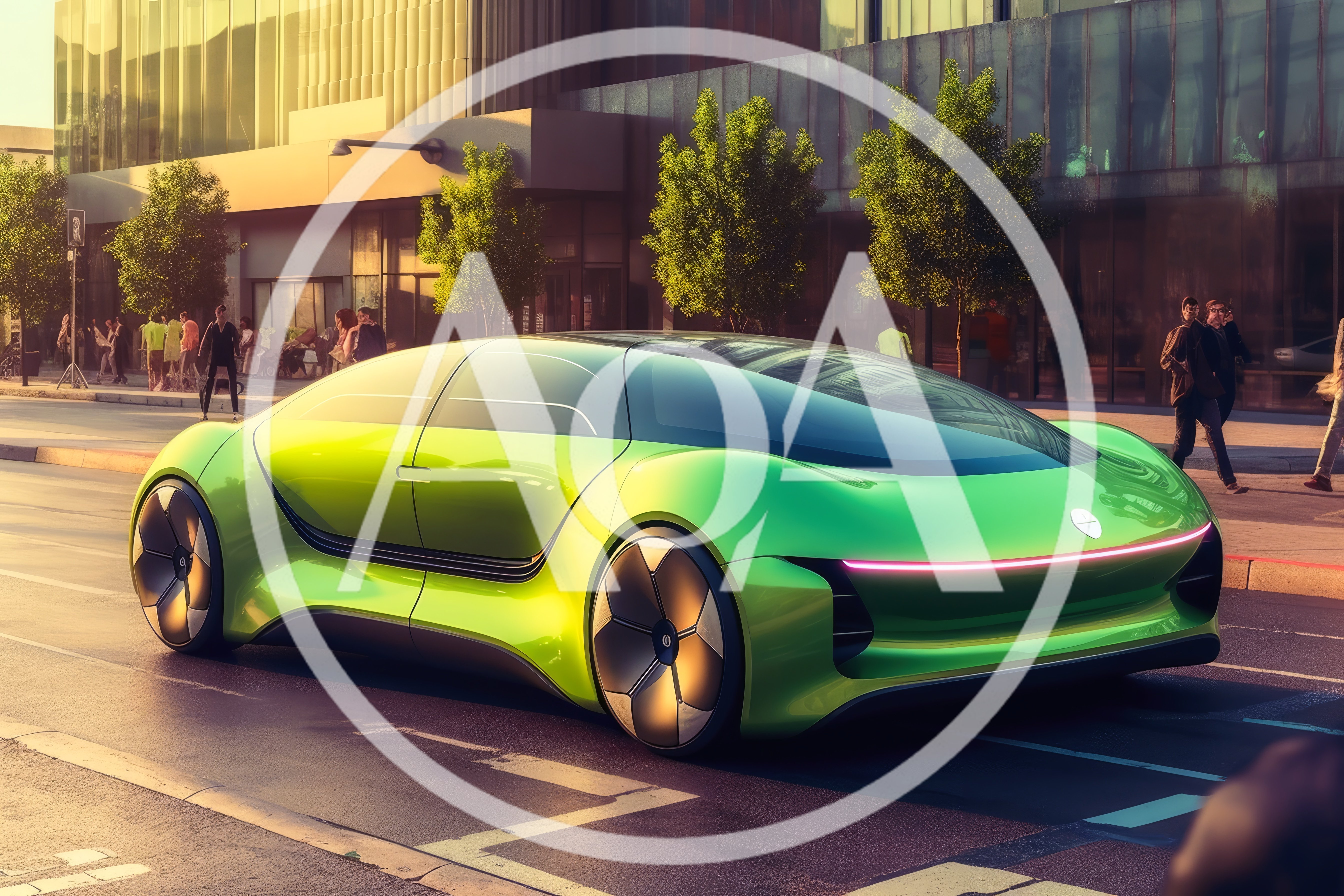 Futuristic Green Concept Car Driving On City Street