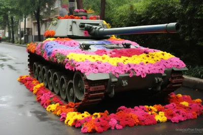 Military Tank Decorated With Vibrant Colorful Flowers
