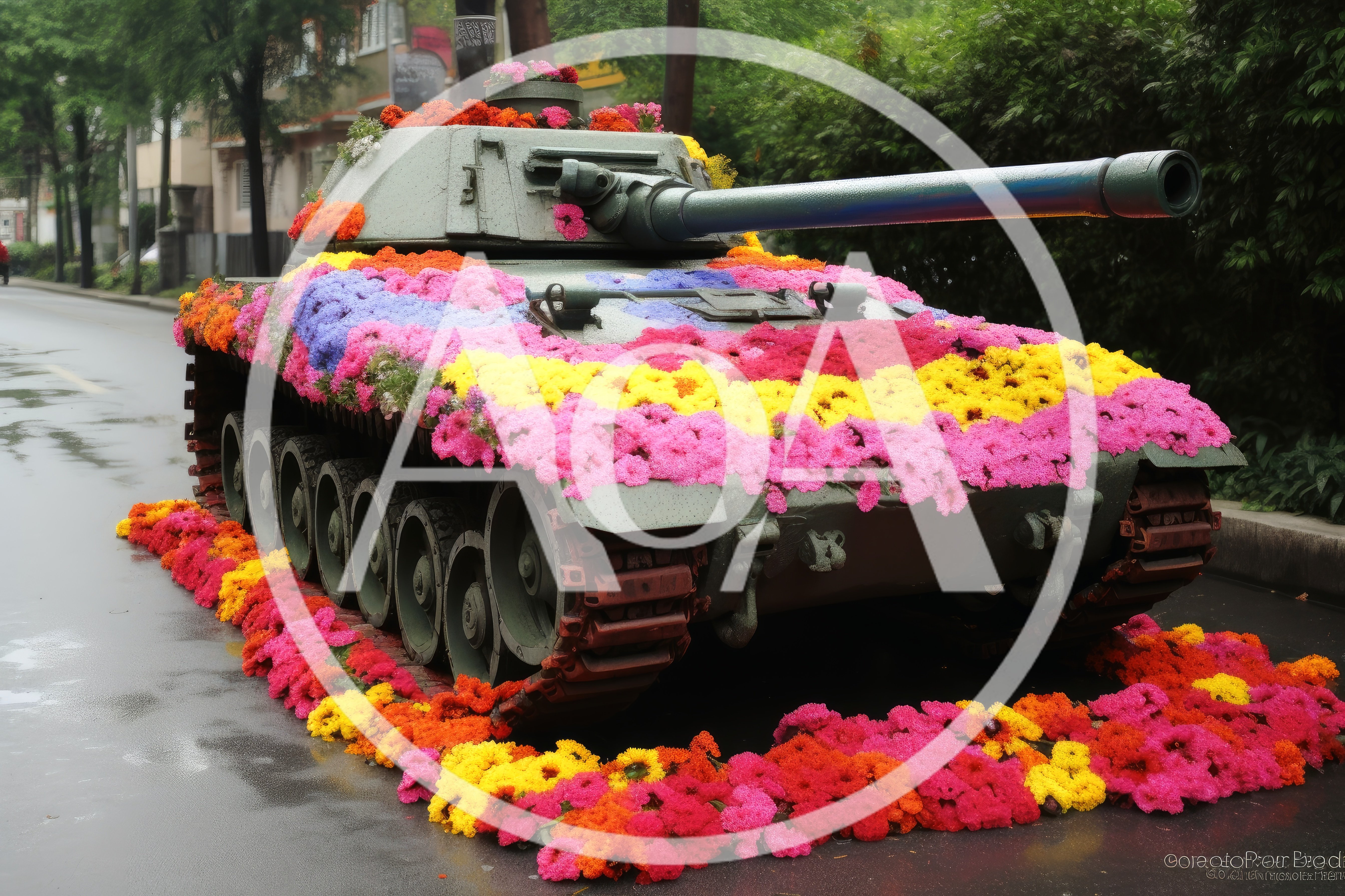 Military Tank Decorated With Vibrant Colorful Flowers