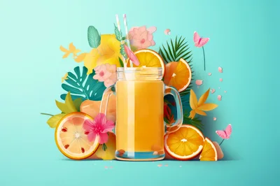 Refreshing Orange Smoothie With Tropical Fruit And Flowers
