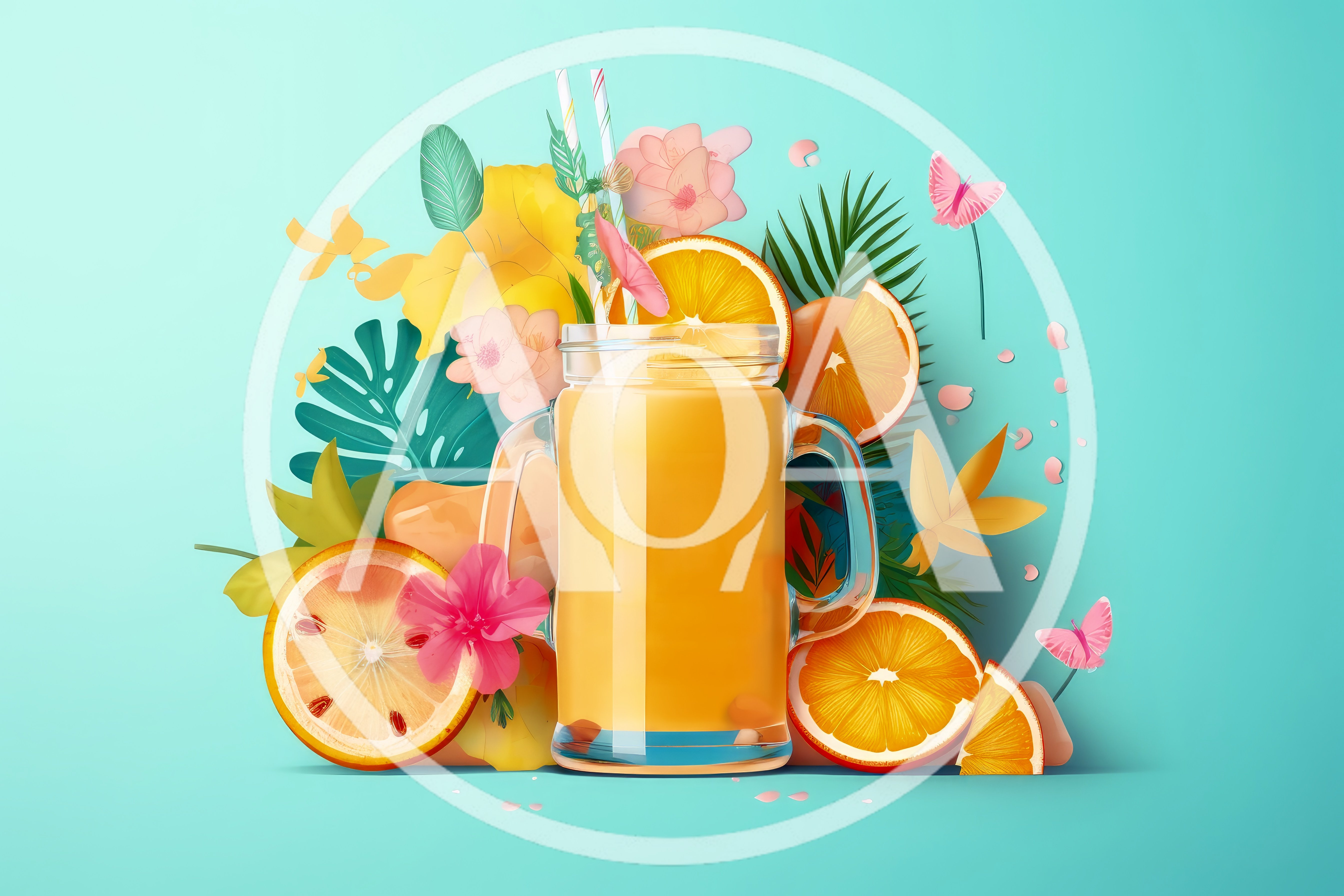 Refreshing Orange Smoothie With Tropical Fruit And Flowers