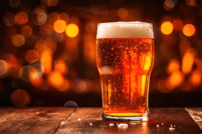 Pint Of Amber Beer On A Wooden Bar
