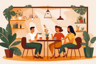 Three Friends Having Coffee In A Modern Cafe