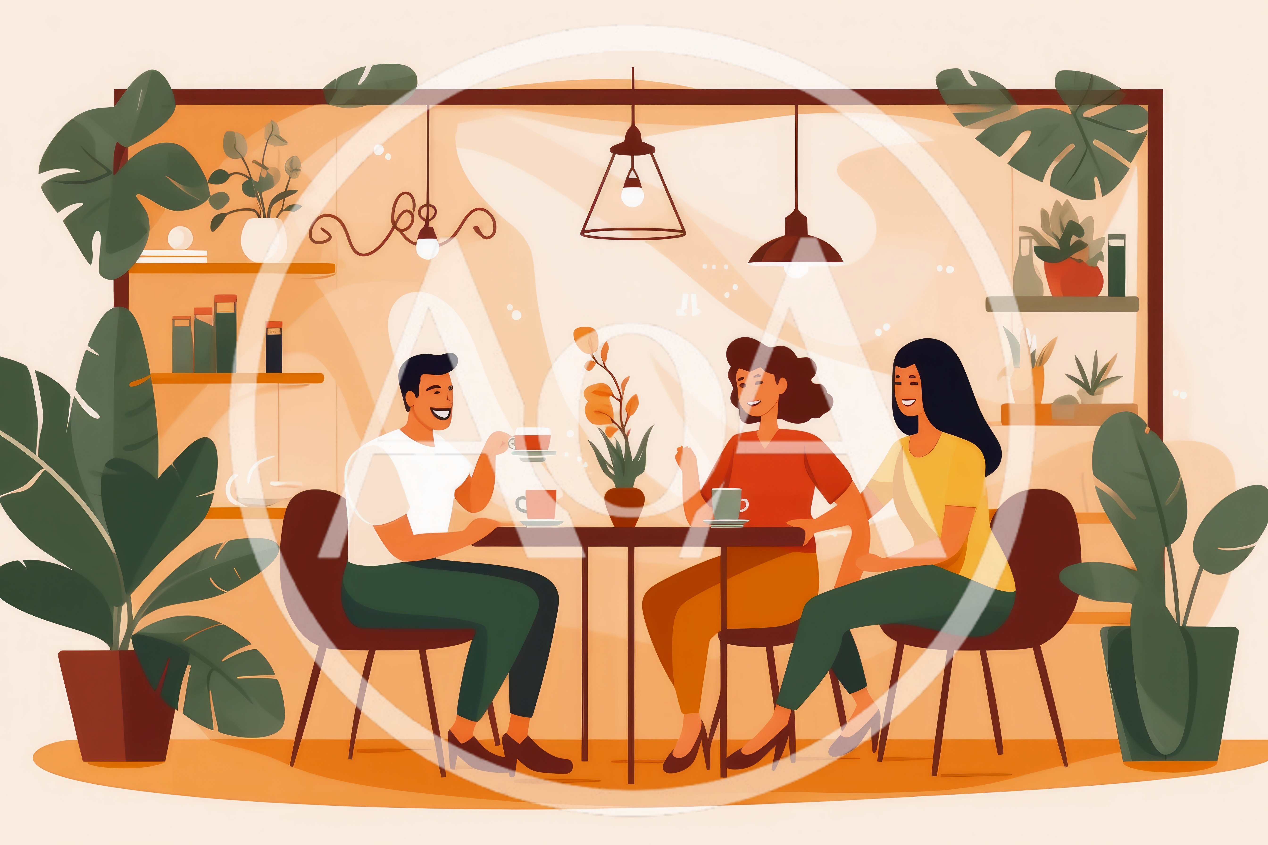 Three Friends Having Coffee In A Modern Cafe