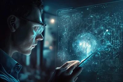 Man Interacting With Futuristic Holographic Data Interface