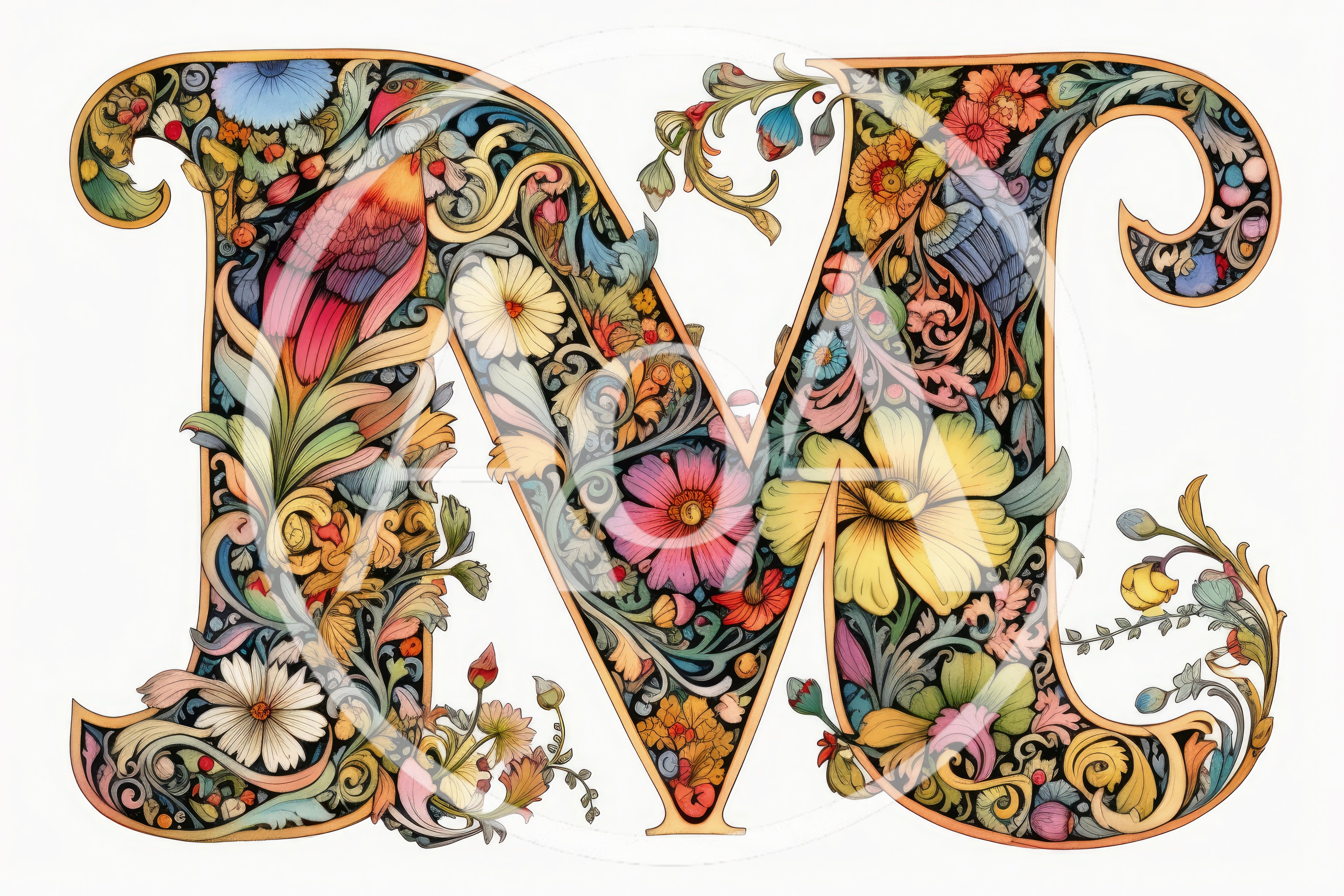Ornate Floral Letter M Decorative Typography
