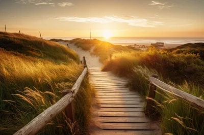 Wooden Boardwalk Leading To A Golden Sunset Beach
