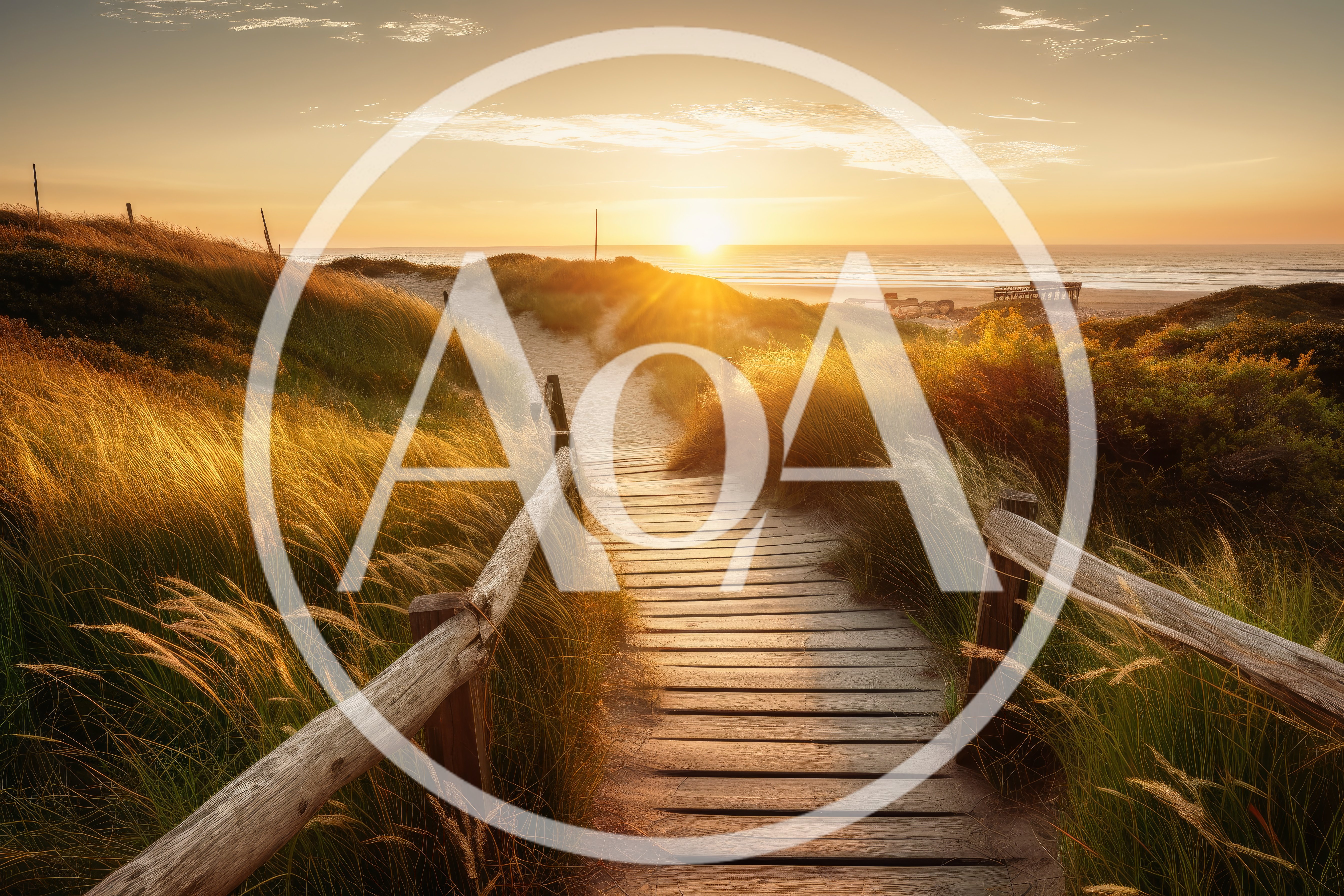 Wooden Boardwalk Leading To A Golden Sunset Beach