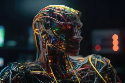 Futuristic Android Head With Intricate Wiring And Cables