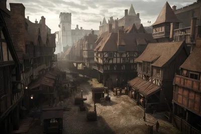Medieval Town Street With Timber Framed Buildings