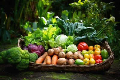 Fresh Harvest Vegetables In A Woven Basket