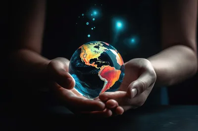 Human Hands Holding A Glowing Glass Earth Globe