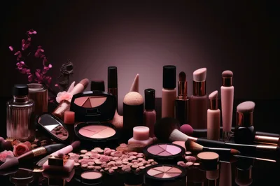 Collection Of Luxury Makeup Products On Reflective Surface