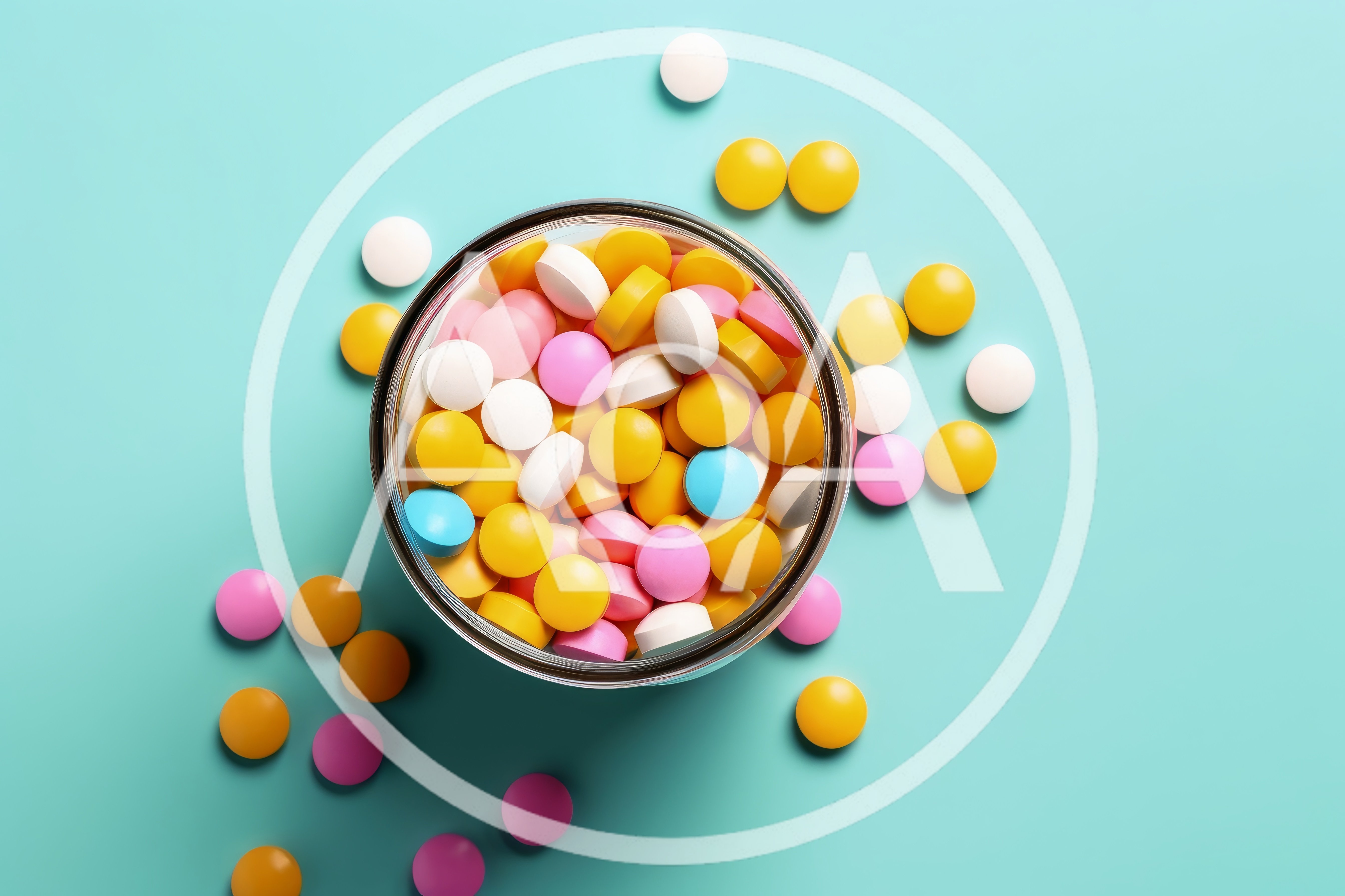 Glass Jar Filled With Assorted Colorful Medical Pills