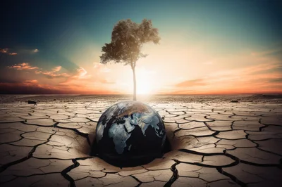Conceptual Earth Globe In Cracked Dry Desert Landscape