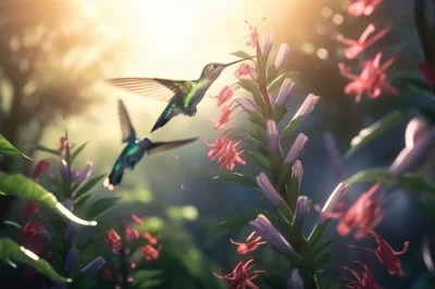 Two Hummingbirds Feeding on Vibrant Wildflowers