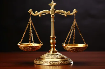 Ornate Brass Scales Of Justice On Wooden Table