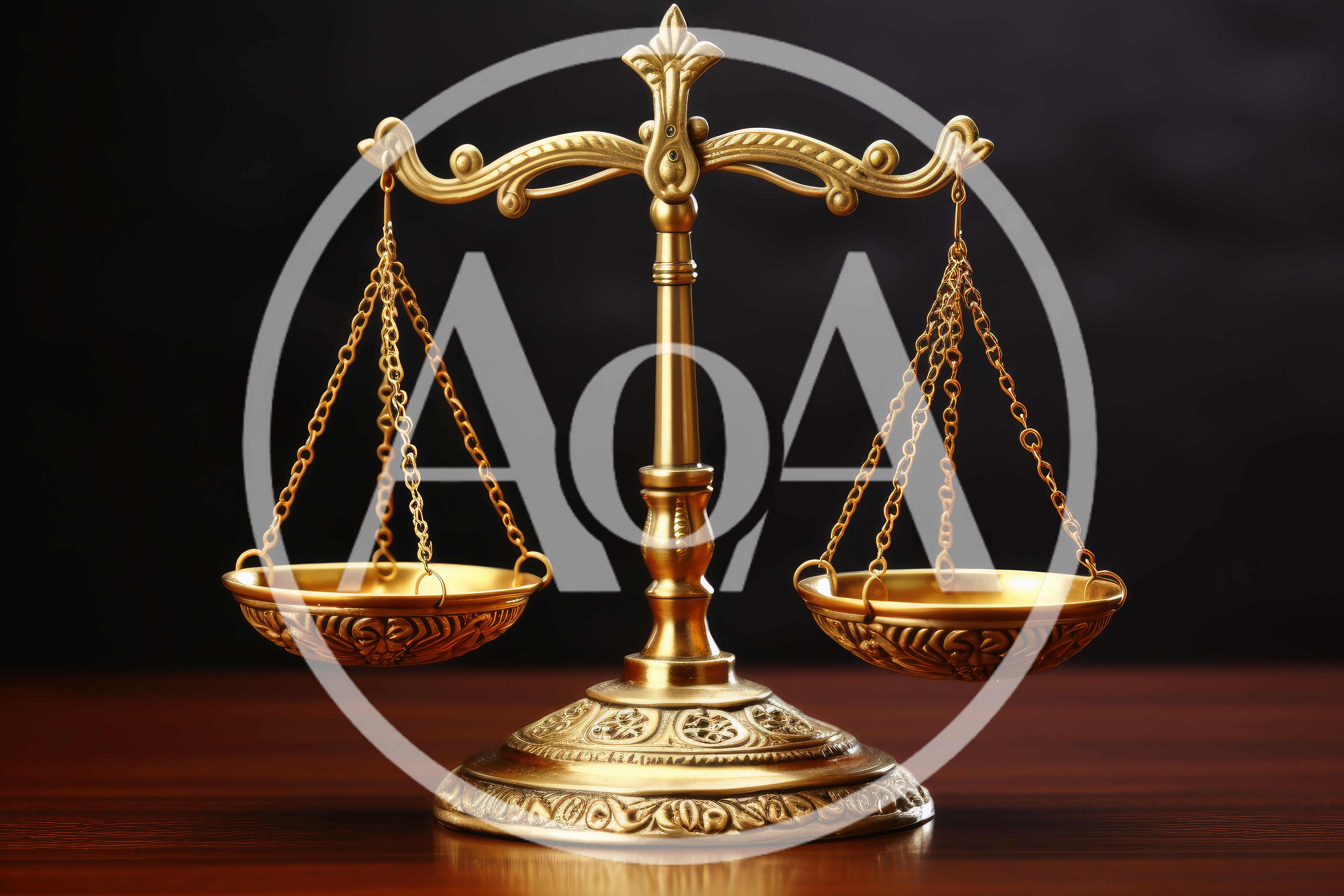 Ornate Brass Scales Of Justice On Wooden Table