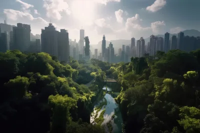 Futuristic Cityscape With Lush Green Forest And River