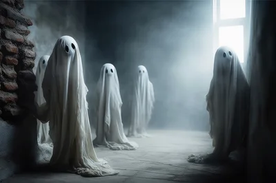Group Of Ghostly Figures In A Dark Room