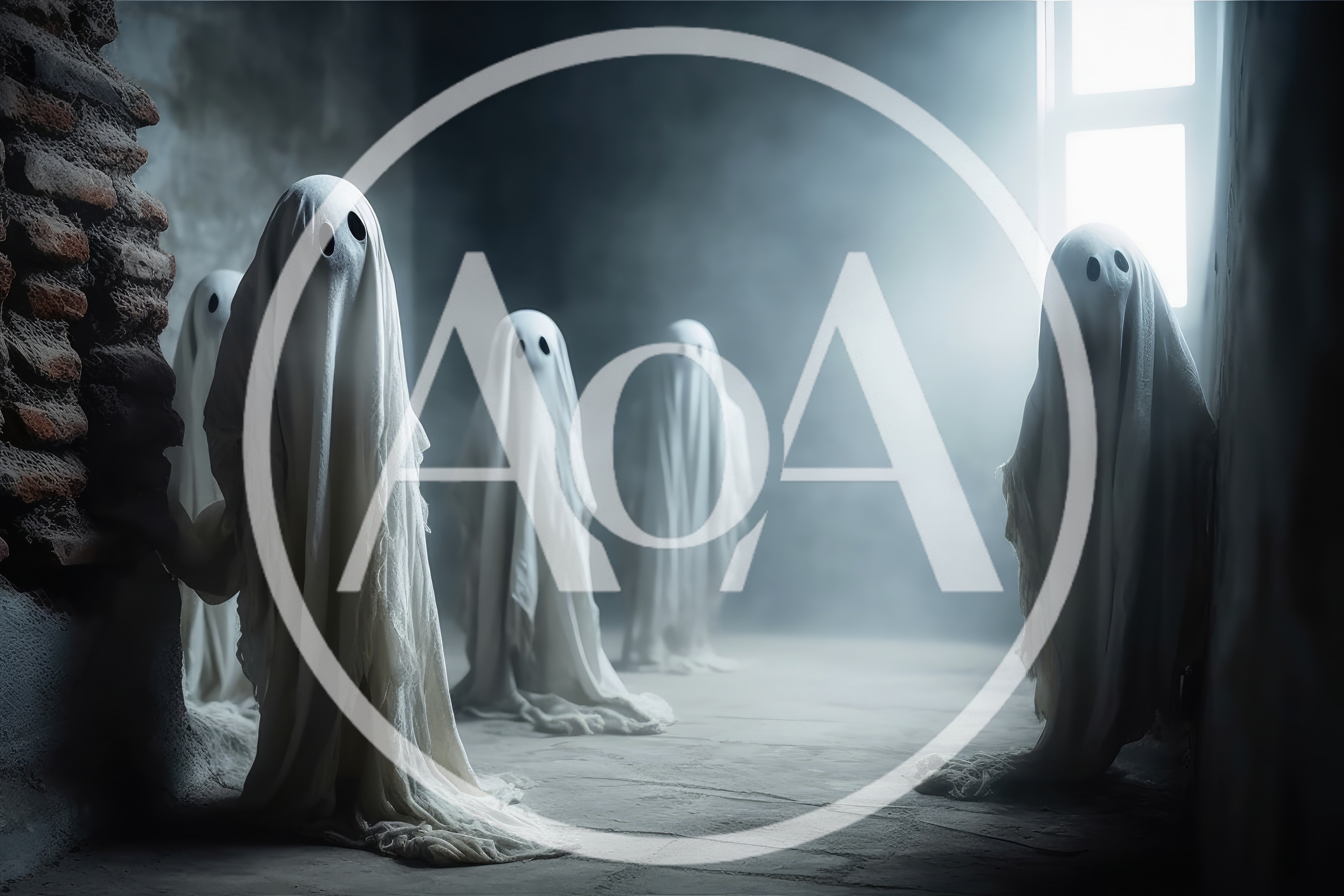 Group Of Ghostly Figures In A Dark Room