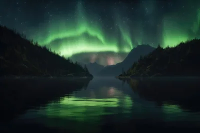 Breathtaking Aurora Borealis Over A Calm Mountain Lake