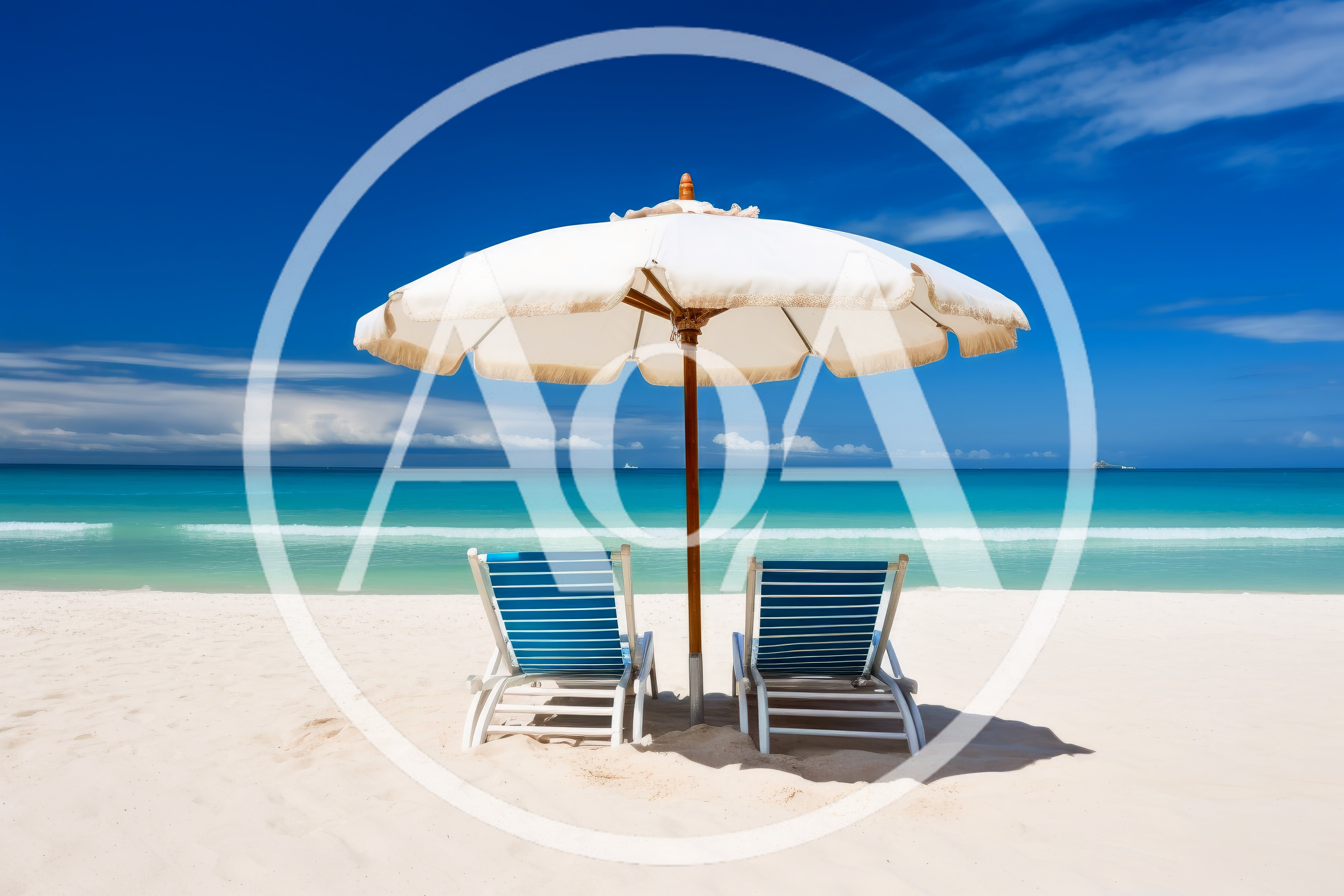 Two Beach Chairs Under Umbrella On Tropical Shore