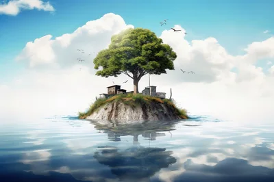 Surreal Floating Island With Tree And Small Houses