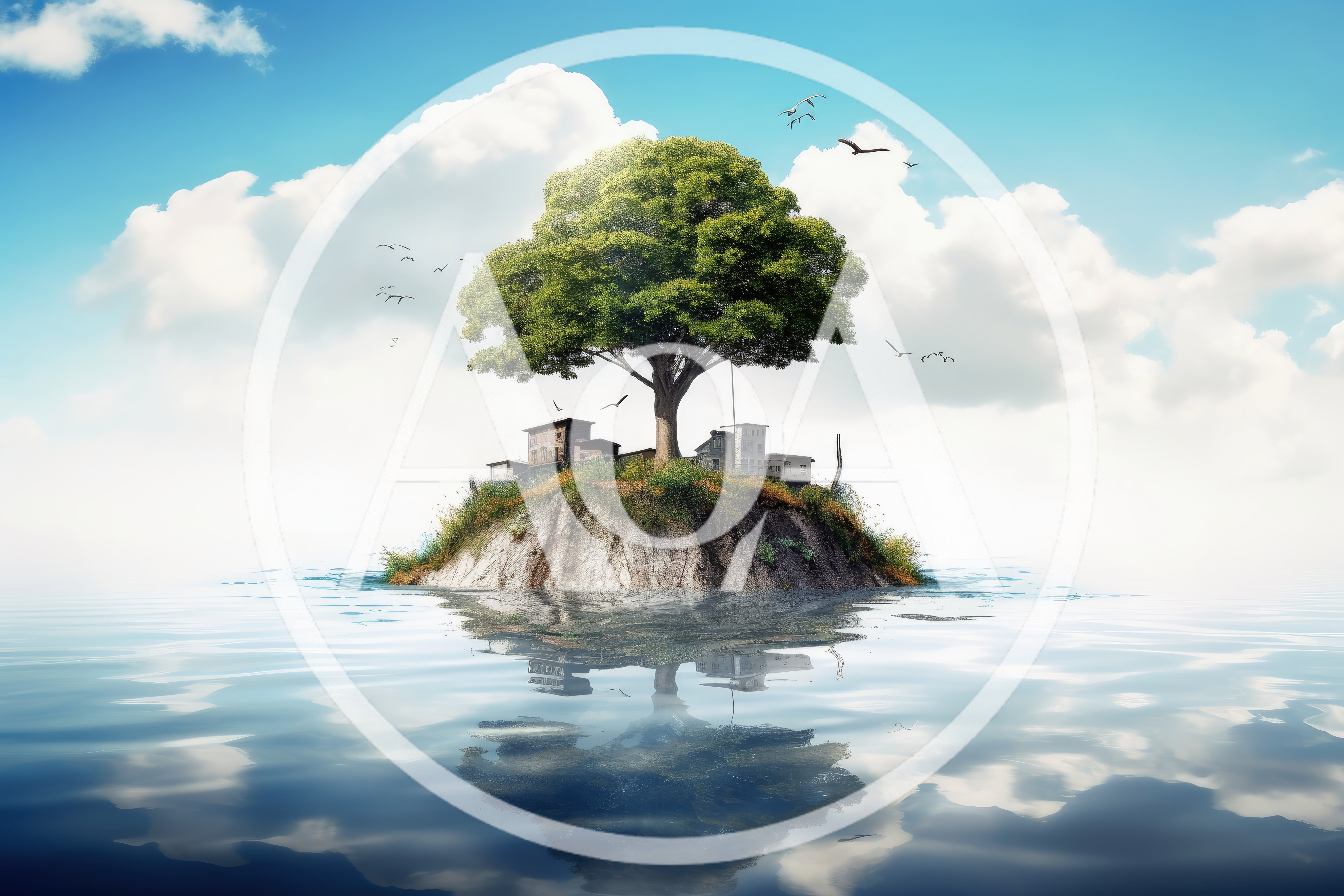 Surreal Floating Island With Tree And Small Houses
