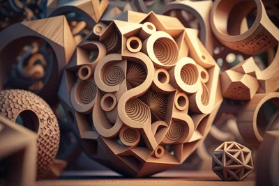 Abstract Geometric Wooden Sculpture With Intricate Carved Details