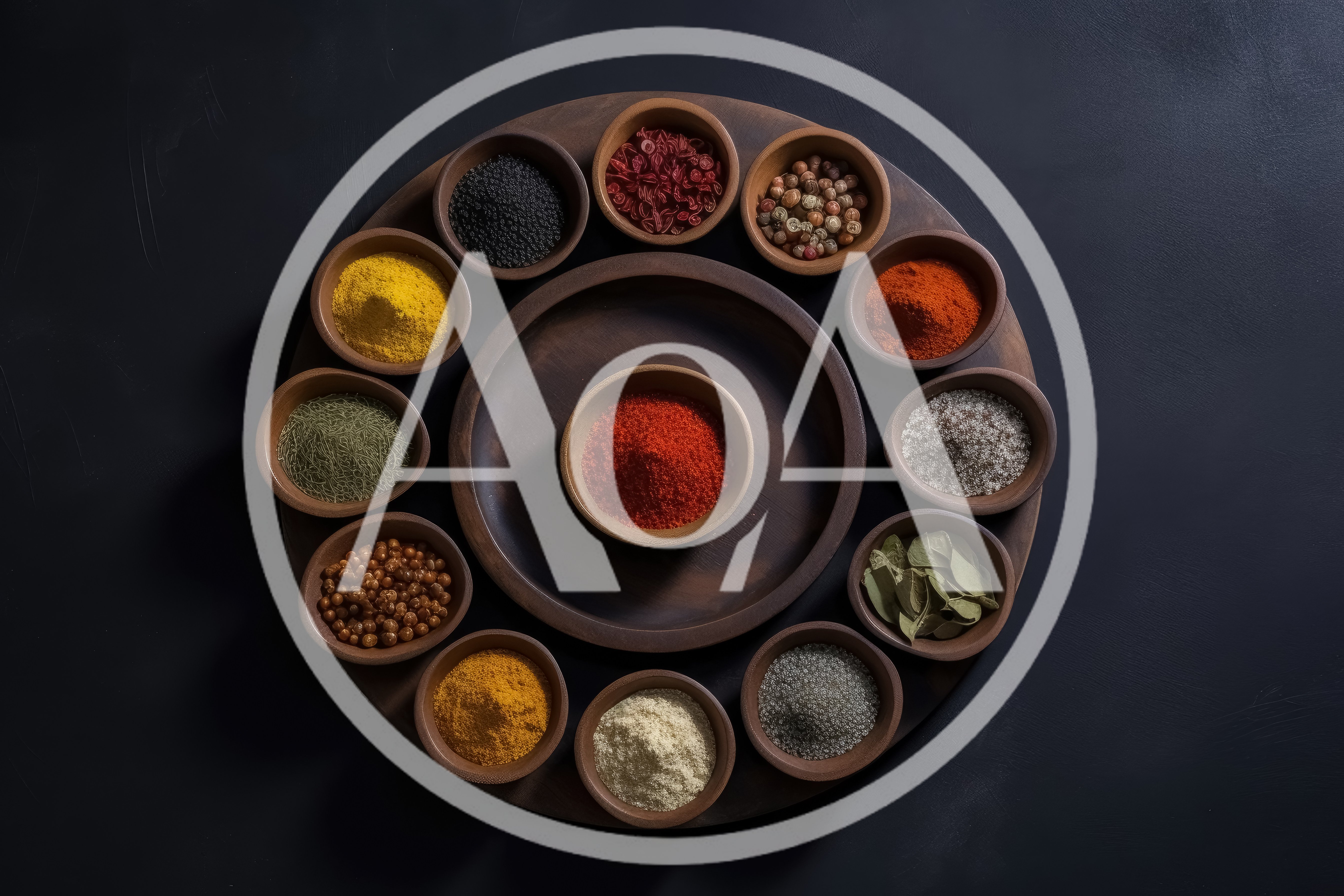 Assorted Spices In Wooden Bowls On A Circular Tray