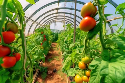 Ripe Tomatoes Growing Inside A Greenhouse Tunnel
