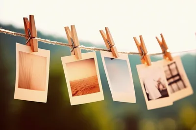 Polaroid Photos Hanging On A Clothesline Outdoors