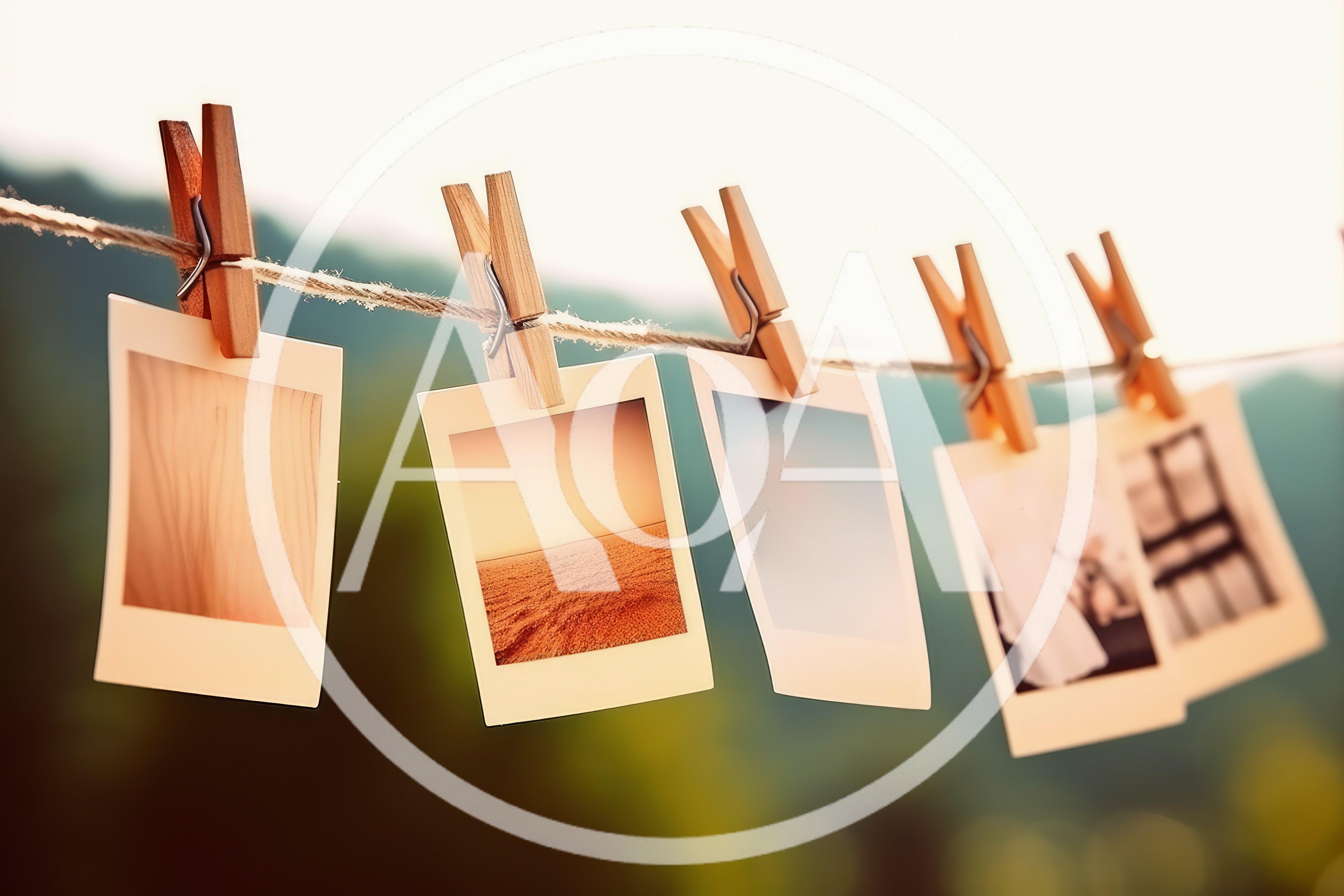 Polaroid Photos Hanging On A Clothesline Outdoors