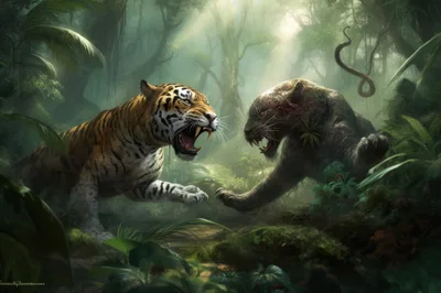 Tiger And Black Panther Fighting In Lush Jungle