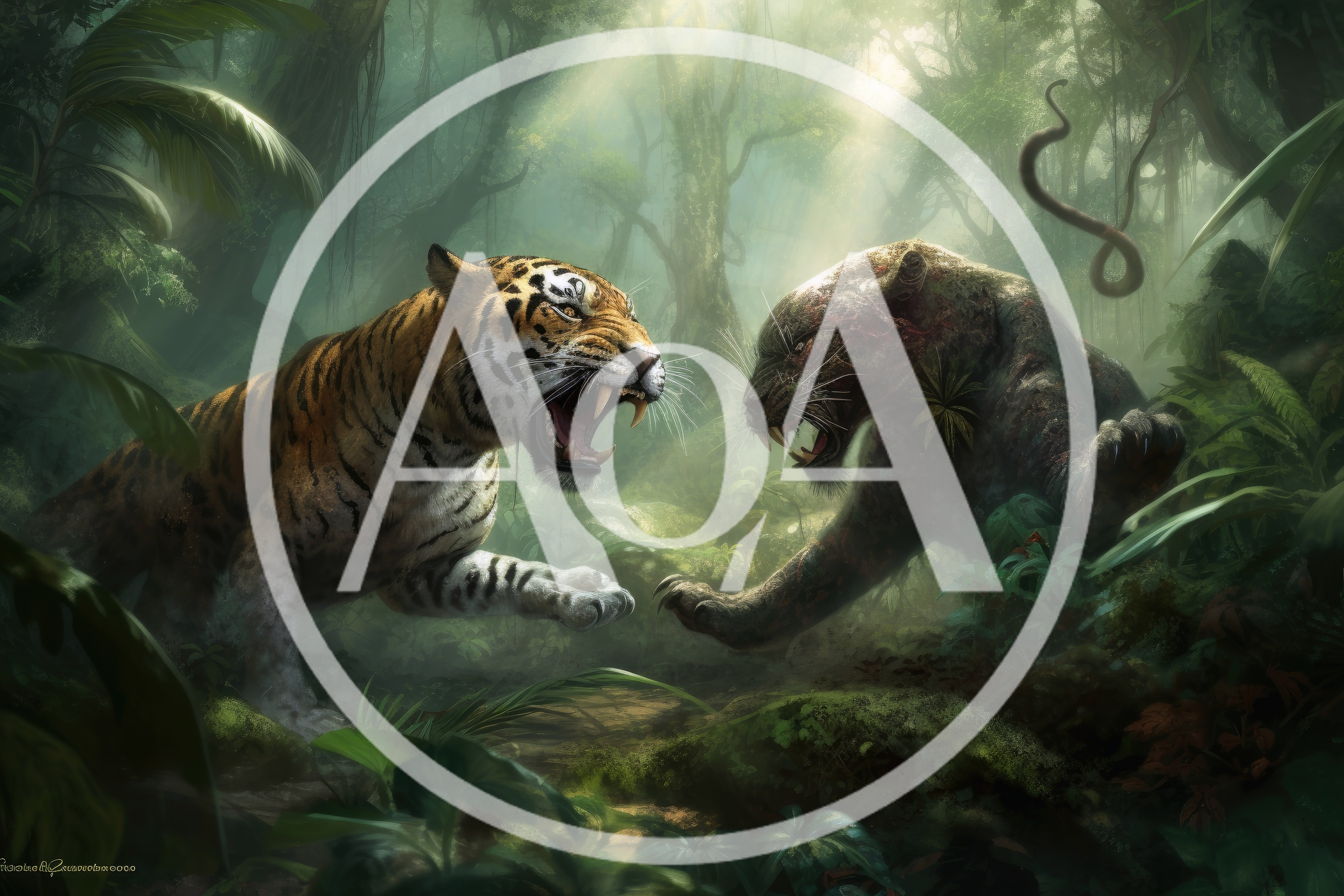 Tiger And Black Panther Fighting In Lush Jungle