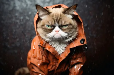 Grumpy Cat Wearing An Orange Raincoat In The Rain
