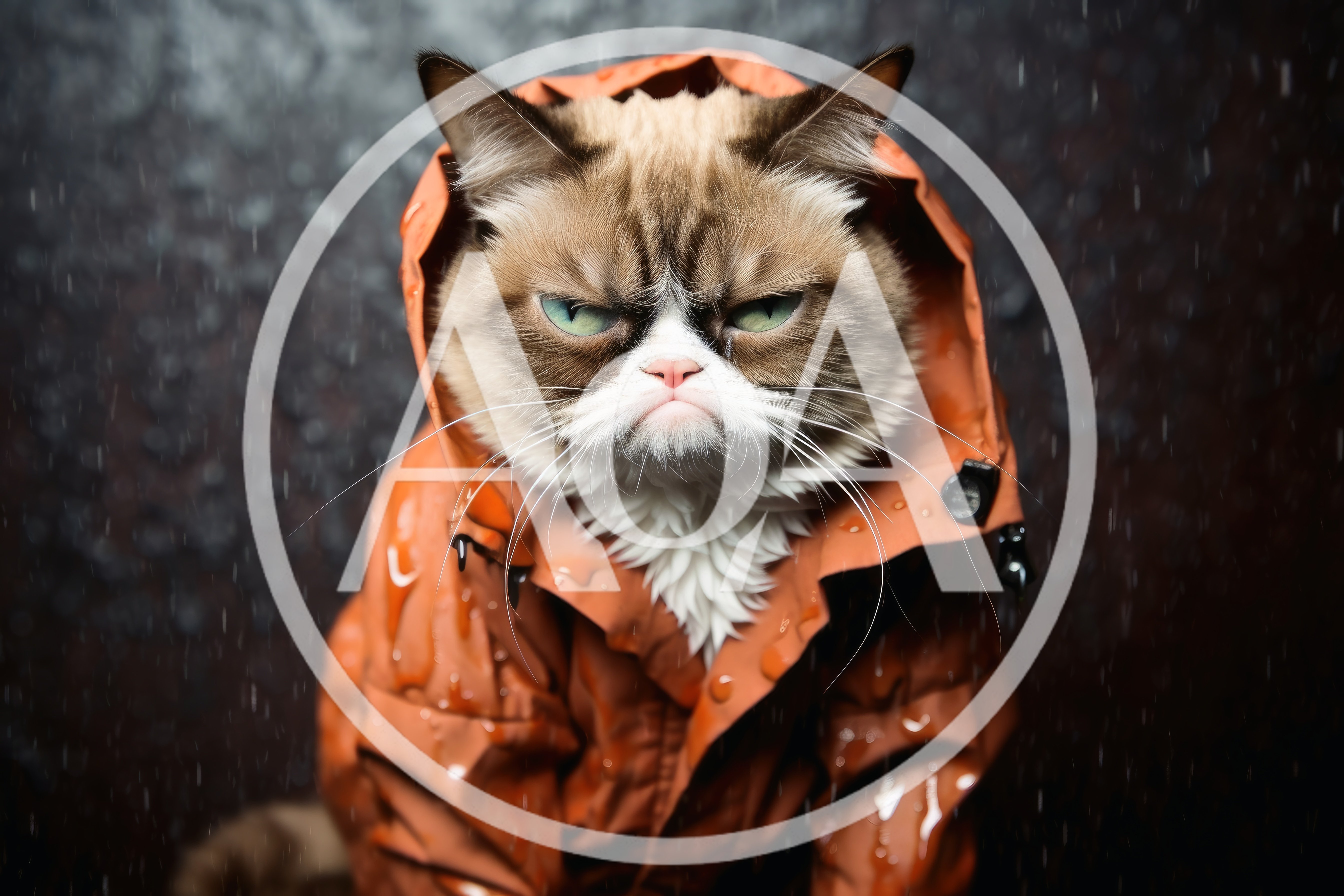 Grumpy Cat Wearing An Orange Raincoat In The Rain